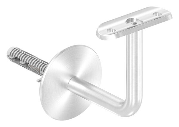 Handlaufhalter, Bügel 12mm, Wandabstand: 73mm, inkl. Handlaufanschlussplatte und Schraube (60182-240 + 58315-240-16), mit Ronde 58x4mm gewölbt, Drehfix-System - für Beton, Ankerstange M8x80mm mit Dübel 12x50mm, Benötigte Bohrung in Wand: Ø 12mm, V2A