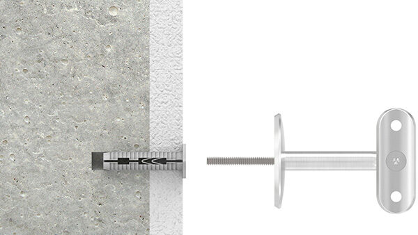 Handlaufhalter, Bügel 12mm, Wandabstand: 73mm, inkl. Handlaufanschlussplatte und Schraube (60182-240 + 58315-240-16), mit Ronde 58x4mm gewölbt, Drehfix-System - für Beton, Ankerstange M8x80mm mit Dübel 12x50mm, Benötigte Bohrung in Wand: Ø 12mm, V2A