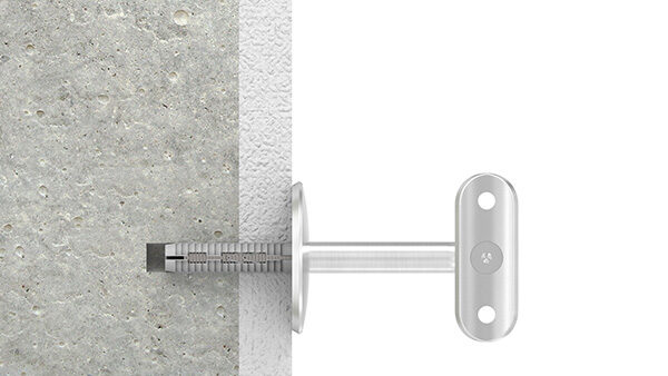 Handlaufhalter, Bügel 12mm, Wandabstand: 73mm, inkl. Handlaufanschlussplatte und Schraube (60182-240 + 58315-240-16), mit Ronde 58x4mm gewölbt, Drehfix-System - für Beton, Ankerstange M8x80mm mit Dübel 12x50mm, Benötigte Bohrung in Wand: Ø 12mm, V2A