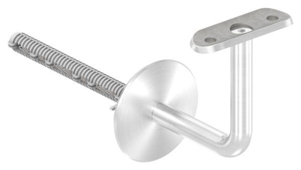Handlaufhalter, Bügel 12mm, Wandabstand: 73mm, inkl. Handlaufanschlussplatte und Schraube (60182-240 + 58315-240-16), mit Ronde 58x4mm gewölbt, Drehfix-System - für Ziegel, Ankerstange M8x120mm mit Dübel 12x100mm, Benötigte Bohrung in Wand: Ø 12mm, V2A