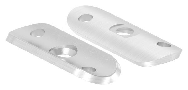 Handlaufanschlussplatte, 63x25x4mm, für Rohr 33,7mm, 2x6,5mm Bohrungen versetzt, Mittelbohrung 8,2 mm gesenkt für M6, V2A