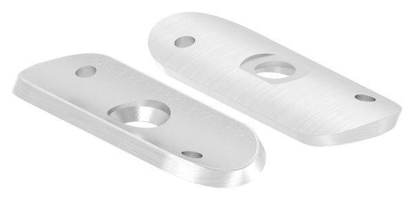 Handlaufanschlussplatte, 63x25x4mm, für Rohr 42,4mm, 2x4,2mm Bohrungen versetzt, Mittelbohrung gesenkt für M6, V2A