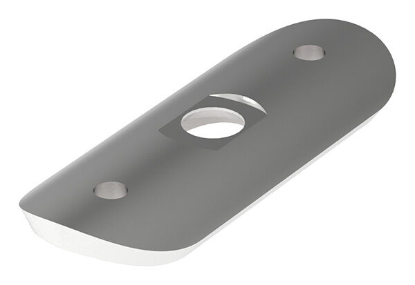 Handlaufanschlussplatte, 63x25x4mm, für Rohr 33,7mm, 1x 6,5mm und 2x 4,2mm Bohrungen, Mittelbohrung gesenkt für M6, V2A