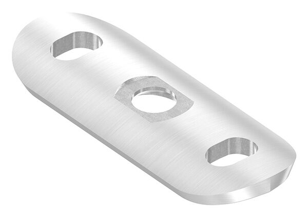 Handlaufanschlussplatte, 63x25x4mm, für Rohr 42,4mm, 1x6,5mm Mittelbohrung gesenkt für M6 und 2x Langlöcher 6,5x10mm um 90° gedreht, V2A