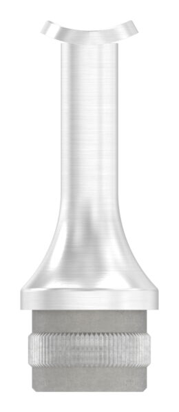 Rohrabschlussstopfen mit Handlaufanschlussplatte aus einem Teil, für Rohr 33,7x2,0mm, zum Einschlagen, Stift nach oben hin auf 14mm zulaufend, Handlaufanschlussplatte für Rohr 42,4mm, H: 68mm, V2A