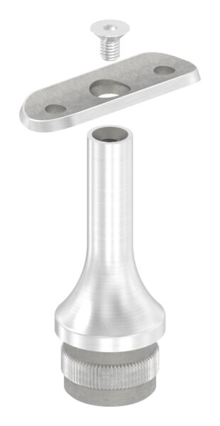 Rohrabschlussstopfen mit Handlaufanschlussplatte aus einem Teil, für Rohr 33,7x2,0mm, zum Einschlagen, Stift nach oben hin auf 14mm zulaufend, Handlaufanschlussplatte für Rohr 42,4mm, H: 68mm, V2A