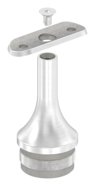 Rohrabschlussstopfen mit Handlaufanschlussplatte aus einem Teil, für Rohr 42,4x2,0mm, zum Einschlagen, Stift nach oben hin auf 14mm zulaufend, Handlaufanschlussplatte für Rohr 42,4mm, H: 68mm, V2A