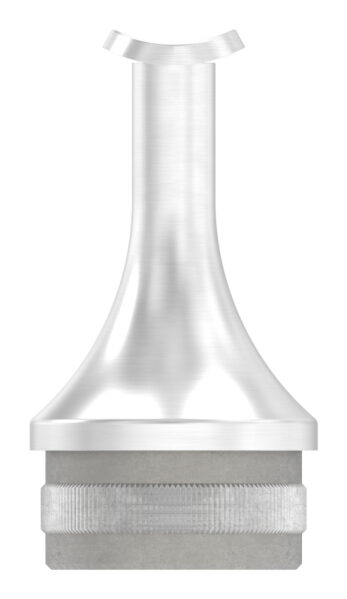 Rohrabschlussstopfen mit Handlaufanschlussplatte aus einem Teil, für Rohr 48,3x2,0mm, zum Einschlagen, Stift nach oben hin auf 14mm zulaufend, Handlaufanschlussplatte für Rohr 42,4mm, H: 68mm, V2A