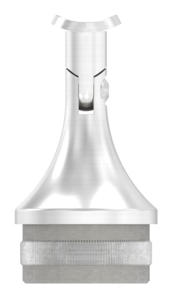 Rohrabschlussstopfen mit Gelenkstift und Handlaufanschlussplatte aus einem Teil, für Rohr 48,3x2,0mm, zum Einschlagen, Stift nach oben hin auf 14mm zulaufend, Handlaufanschlussplatte für Rohr 42,4mm, H: 68mm, V2A