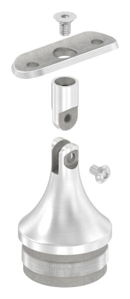 Rohrabschlussstopfen mit Gelenkstift und Handlaufanschlussplatte aus einem Teil, für Rohr 48,3x2,0mm, zum Einschlagen, Stift nach oben hin auf 14mm zulaufend, Handlaufanschlussplatte für Rohr 42,4mm, H: 68mm, V2A