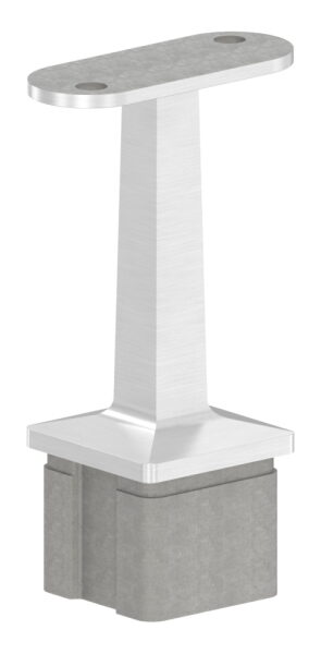 Rohrabschlussstopfen mit Stift aus einem Teil, für Rohr 40x40x2mm, mit Handlaufanschlussplatte gerade mit versetzten Bohrungen, H: 81mm, V2A