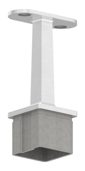 Rohrabschlussstopfen mit Stift aus einem Teil, für Rohr 40x40x2mm, mit Handlaufanschlussplatte gerade mit versetzten Bohrungen, H: 81mm, V2A
