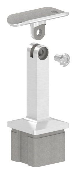 Rohrabschlussstopfen mit Gelenkstift aus einem Teil, für Rohr 40x40x2mm, mit Handlaufanschlussplatte für Rohr 42,4mm mit versetzten Bohrungen, H: 81mm, V2A