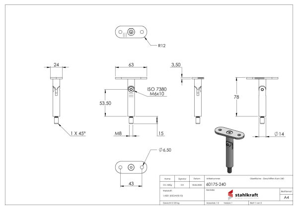 Gelenkstift mit Handlaufanschlussplatte, Stift Ø 14mm, Handlaufanschlussplatte: flach, H: 78mm, V2A