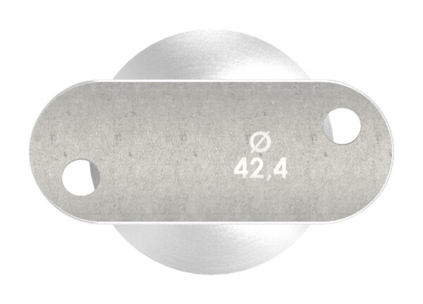 Rohrabschlussstopfen mit Stift und Handlaufanschlussplatte aus einem Teil, für Rohr 42,4x2,5mm, zum Einkleben, Stift Ø 14mm, Handlaufanschlussplatte für Rohr 42,4mm mit versetzten Bohrungen, H: 80mm, V2A