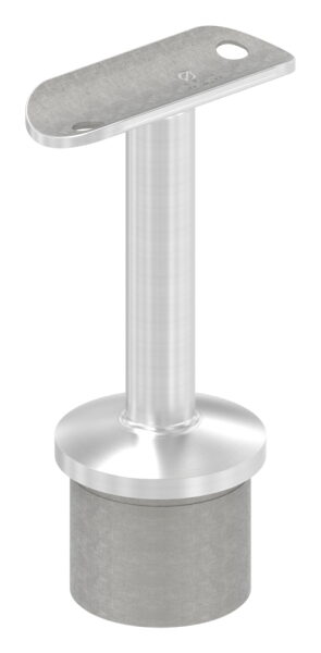 Handlaufstütze mit Handlaufanschlussplatte aus einem Teil, für Rohr 42,4x3,0mm, zum Einkleben, Stift Ø 14mm, Handlaufanschlussplatte für Rohr 42,4mm mit versetzten Bohrungen, H: 80mm, V2A