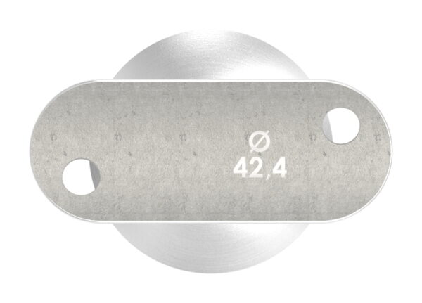 Handlaufstütze mit Handlaufanschlussplatte aus einem Teil, für Rohr 42,4x3,0mm, zum Einkleben, Stift Ø 14mm, Handlaufanschlussplatte für Rohr 42,4mm mit versetzten Bohrungen, H: 80mm, V2A
