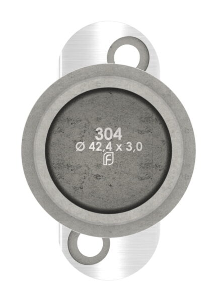 Handlaufstütze mit Handlaufanschlussplatte aus einem Teil, für Rohr 42,4x3,0mm, zum Einkleben, Stift Ø 14mm, Handlaufanschlussplatte für Rohr 42,4mm mit versetzten Bohrungen, H: 80mm, V2A