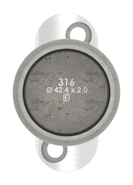 Rohrabschlussstopfen mit Stift und Handlaufanschlussplatte aus einem Teil, für Rohr 42,4x2,0mm, zum Einkleben, Stift Ø 14mm, Handlaufanschlussplatte für Rohr 42,4mm mit versetzten Bohrungen, H: 80mm, V4A