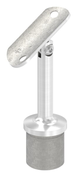 Rohrabschlussstopfen mit Gelenkstift und Handlaufanschlussplatte aus einem Teil, für Rohr 33,7x2,0mm, zum Einkleben, Stift Ø 12mm, Handlaufanschlussplatte für Rohr 42,4mm mit versetzten Bohrungen, H: 80mm, V2A