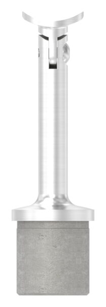 Rohrabschlussstopfen mit Gelenkstift und Handlaufanschlussplatte aus einem Teil, für Rohr 33,7x2,0mm, zum Einkleben, Stift Ø 12mm, Handlaufanschlussplatte für Rohr 42,4mm mit versetzten Bohrungen, H: 80mm, V2A