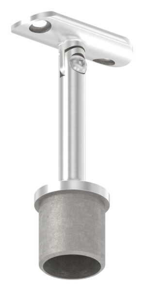 Rohrabschlussstopfen mit Gelenkstift und Handlaufanschlussplatte aus einem Teil, für Rohr 33,7x2,0mm, zum Einkleben, Stift Ø 12mm, Handlaufanschlussplatte für Rohr 42,4mm mit versetzten Bohrungen, H: 80mm, V2A