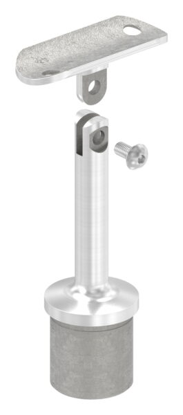 Rohrabschlussstopfen mit Gelenkstift und Handlaufanschlussplatte aus einem Teil, für Rohr 33,7x2,0mm, zum Einkleben, Stift Ø 12mm, Handlaufanschlussplatte für Rohr 42,4mm mit versetzten Bohrungen, H: 80mm, V2A