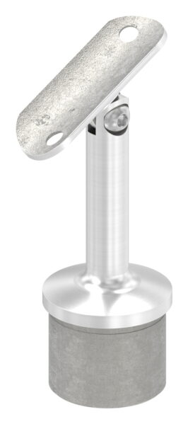 Rohrabschlussstopfen mit Gelenkstift und Handlaufanschlussplatte aus einem Teil, für Rohr 42,4x2,0mm, zum Einkleben, Stift Ø 14mm, Handlaufanschlussplatte für Rohr 42,4mm mit versetzten Bohrungen, H: 80mm, V4A