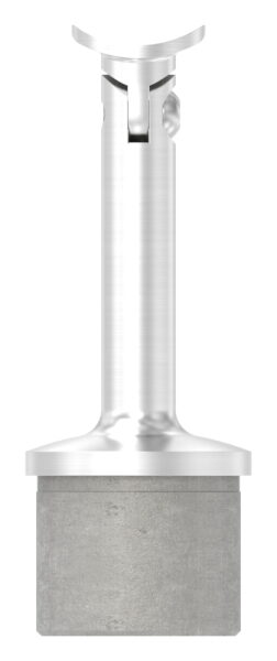 Rohrabschlussstopfen mit Gelenkstift und Handlaufanschlussplatte aus einem Teil, für Rohr 42,4x2,0mm, zum Einkleben, Stift Ø 14mm, Handlaufanschlussplatte für Rohr 42,4mm mit versetzten Bohrungen, H: 80mm, V4A