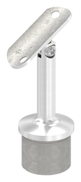 Rohrabschlussstopfen mit Gelenkstift und Handlaufanschlussplatte aus einem Teil, für Rohr 42,4x2,5mm, zum Einkleben, Stift Ø 14mm, Handlaufanschlussplatte für Rohr 42,4mm mit versetzten Bohrungen, H: 80mm, V4A