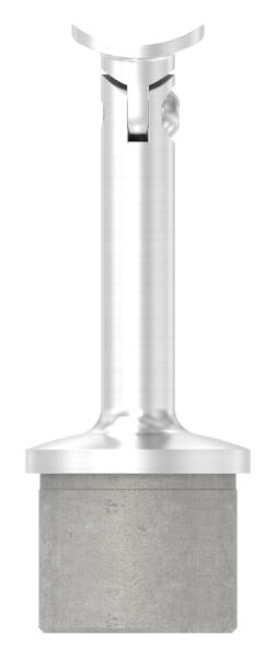 Rohrabschlussstopfen mit Gelenkstift und Handlaufanschlussplatte aus einem Teil, für Rohr 42,4x2,5mm, zum Einkleben, Stift Ø 14mm, Handlaufanschlussplatte für Rohr 42,4mm mit versetzten Bohrungen, H: 80mm, V4A