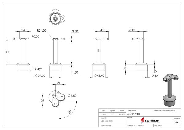Rohrabschlussstopfen mit Stift und Handlaufanschlussplatte 90°, Rohrabschlussstopfen für Rohr 42,4x2,5mm, zum Einkleben, Stift Ø 12mm, Handlaufanschlussplatte 90° für Rohr 42,4mm, H: 84mm, V2A