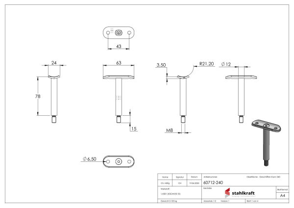 Stift Ø 12mm mit Handlaufanschlussplatte für Rohr 42,4mm, H: 78mm, V2A