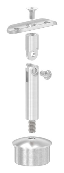 Rohrabschlussstopfen mit Stift und Handlaufanschlussplatte, mit Gelenk, Rohrabschlussstopfen für Rohr 42,4x2,0mm, zum Einkleben, Stift Ø 14mm, Handlaufanschlussplatte für Rohr 42,4mm, H: 81mm, V2A