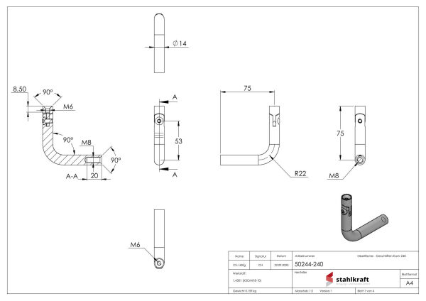 Bügel Ø 14mm, mit Gelenk, Schenkellänge: 75x75mm, 90° gebogen, mit Innengewinde M8x20mm und M6x10mm, V2A