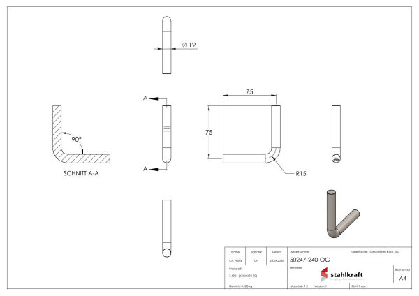 Bügel Ø 12mm, Schenkellänge: 75x75mm, 90° gebogen, beidseitig zum Anschweißen, V2A