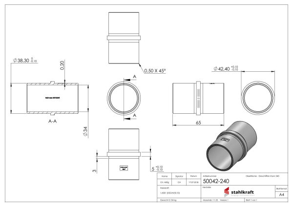 Verbindungsstück für Rohr 42,4x2,0mm zum Stecken und Kleben, L: 65mm, V2A