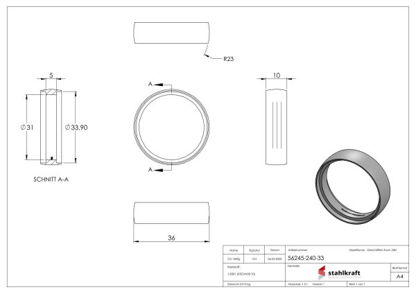 Ring für Rohr 33,7mm, geschliffen Korn 240, V2A