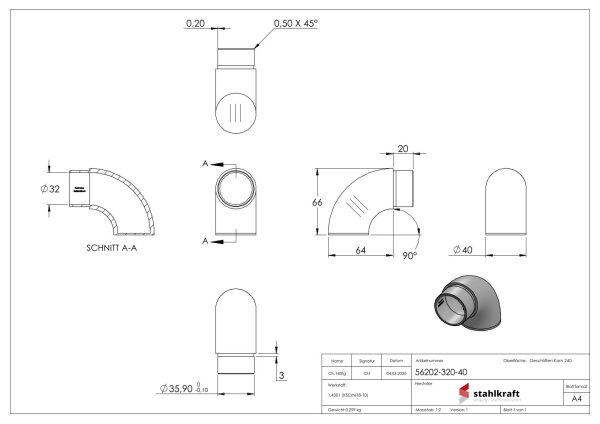Endbogen 90°, zum Stecken, für Rohr 40,0x2,0mm,flach, V2A