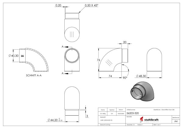 Endbogen 90°, zum Stecken, für Rohr 48,3x2,0mm, flach, V2A
