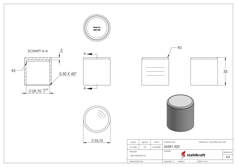 Endkappe für Stecksystem, für 33,7x2,0mm, V2A