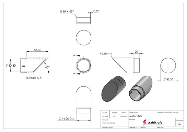 Endbogen 45°, zum Stecken, für Rohr 48,3x2,0mm, V2A