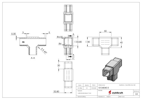 T-Verbinder, zum Stecken, für Rohr 40x40x3,0mm, V4A