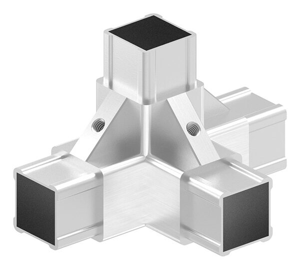 CORNECT® T-Stück mit seitlichem Abgang im Set, für Rohr 30x30x2,0mm, Innengewinde M6 rechts, V2A, mit 3 Stk. VA-Diagonale, V2A
