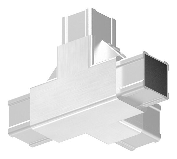 CORNECT® T-Stück mit seitlichem Abgang im Set, für Rohr 30x30x2,0mm, Innengewinde M6 rechts, V2A, mit 3 Stk. VA-Diagonale, V2A