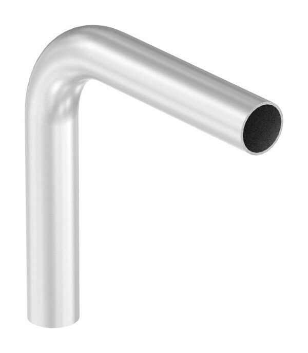 Rohrbogen 90°, aus geschl. Rohr 48,3x2,5mm, Radius-Mitte: 85mm, nach dem Biegen nicht nachgearbeitet, Bogenauslauf: ca. 200mm, V2A