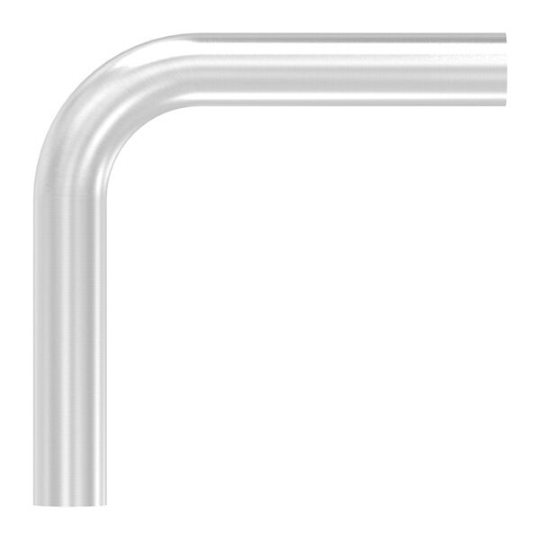 Rohrbogen 90°, aus geschl. Rohr 48,3x2,5mm, Radius-Mitte: 85mm, nach dem Biegen nicht nachgearbeitet, Bogenauslauf: ca. 200mm, V2A