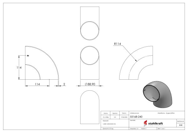 Schweißbogen 90°, 88,9 x 2,0mm, ungeschliffen, V2A