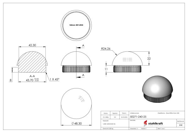 Rohrabschlussstopfen, für Rohr 48,3x2,5mm, halbrund, zum Einschlagen, mit Rändelung, V2A