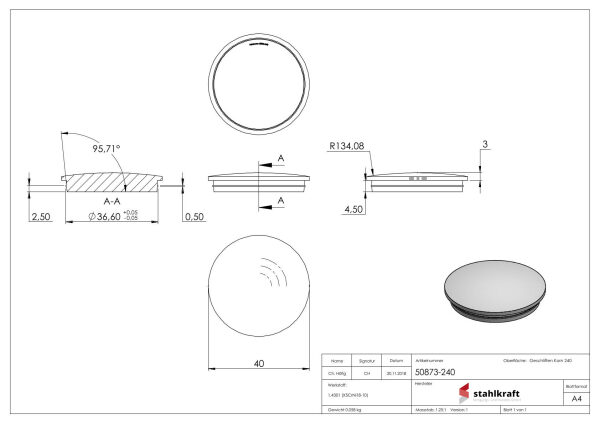 Rohrabschlussstopfen, für Rohr 40,0x2,0mm, leicht gewölbt, zum Einschlagen, mit Nase, unten verjüngt für optimalen Sitz beim Einschlagen, V2A
